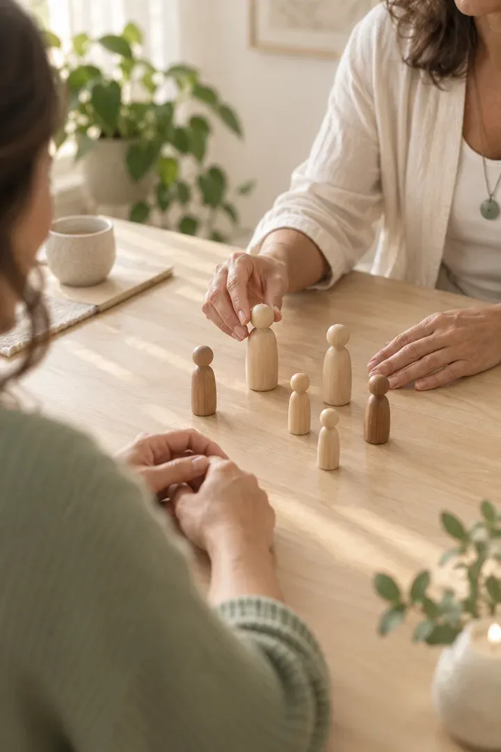 Figuras de madera sobre una mesa durante una sesión individual de constelaciones familiares