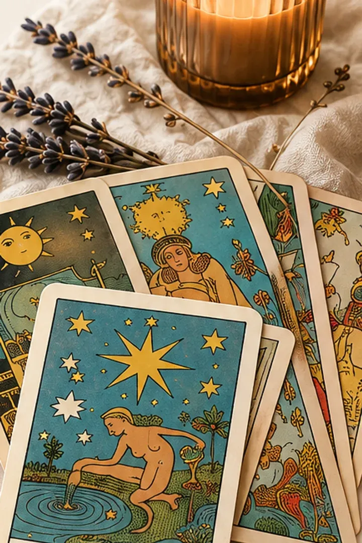 Cartas de tarot junto a una vela y lavanda